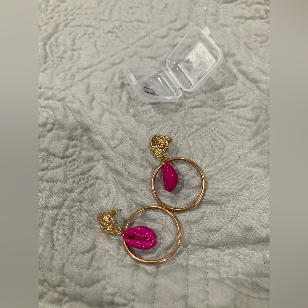 Gold & pink snail dangly earrings